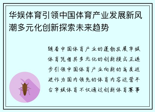 华娱体育引领中国体育产业发展新风潮多元化创新探索未来趋势