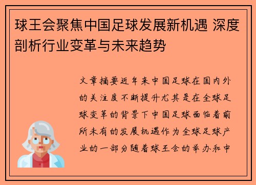 球王会聚焦中国足球发展新机遇 深度剖析行业变革与未来趋势